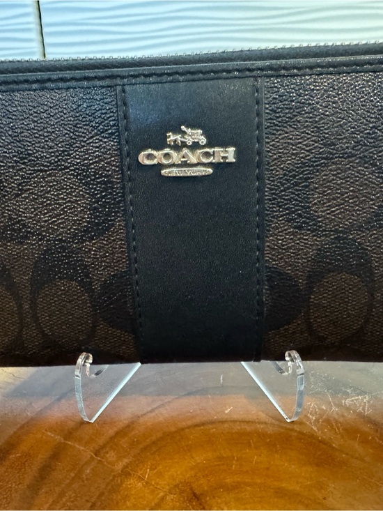 Coach Accessories - Coach Black / Brown Zip-Around Signature Logo Wallet with Gold Zipper